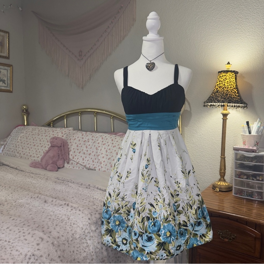 Y2K Floral Blue and Black Babydoll Dress